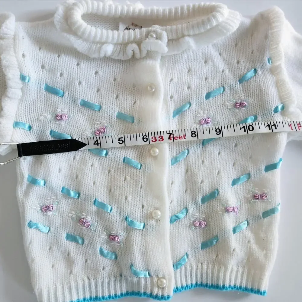 Vintage 1950s Baby Girl Cardigan Sweater | White Knit w/ Rosettes | Size 2T